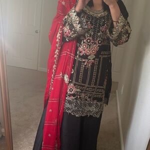 Chic Black and Gold Embroidered Ensemble with Red Dupatta Indian suit Punjabi